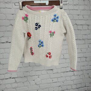 Boden Beige Wool Cotton Blend Embroidered Flowers Cable Knit Sweater Girls 6-7Y
